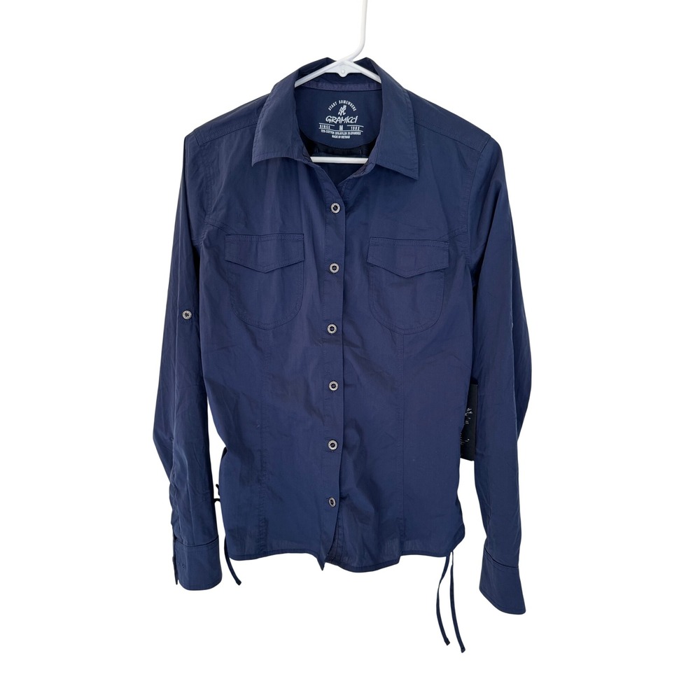 Gramicci No-Squito Shirt Womens Medium Indigo Ink Blue Roll Tab Button Down New